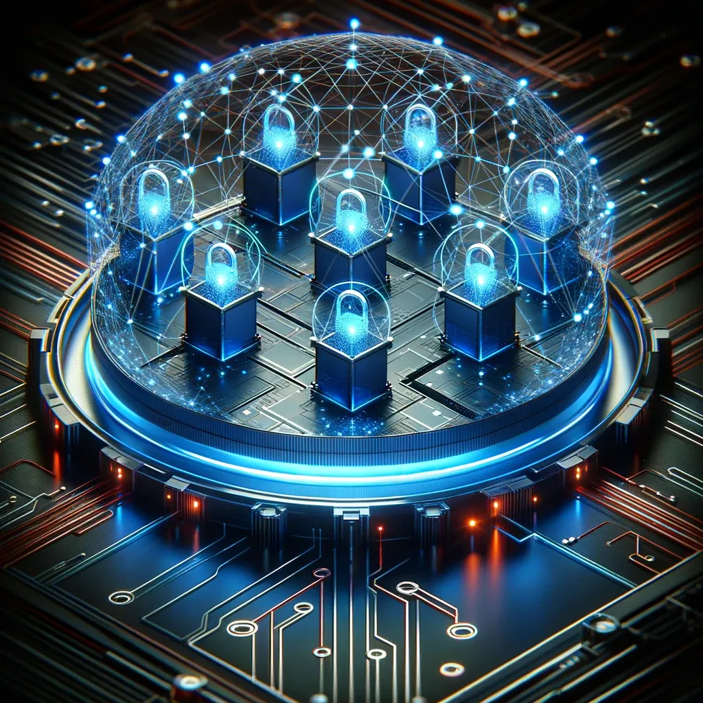 A glowing translucent dome enclosing several individual padlock icons, sitting atop a circuit board.