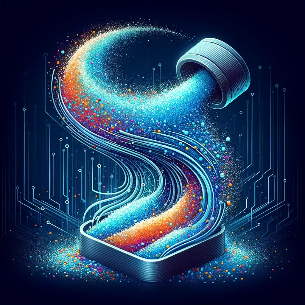 Abstract illustration of colorful sparkling data particles streaming out of an open cylindrical container against a dark circuit-patterned background.