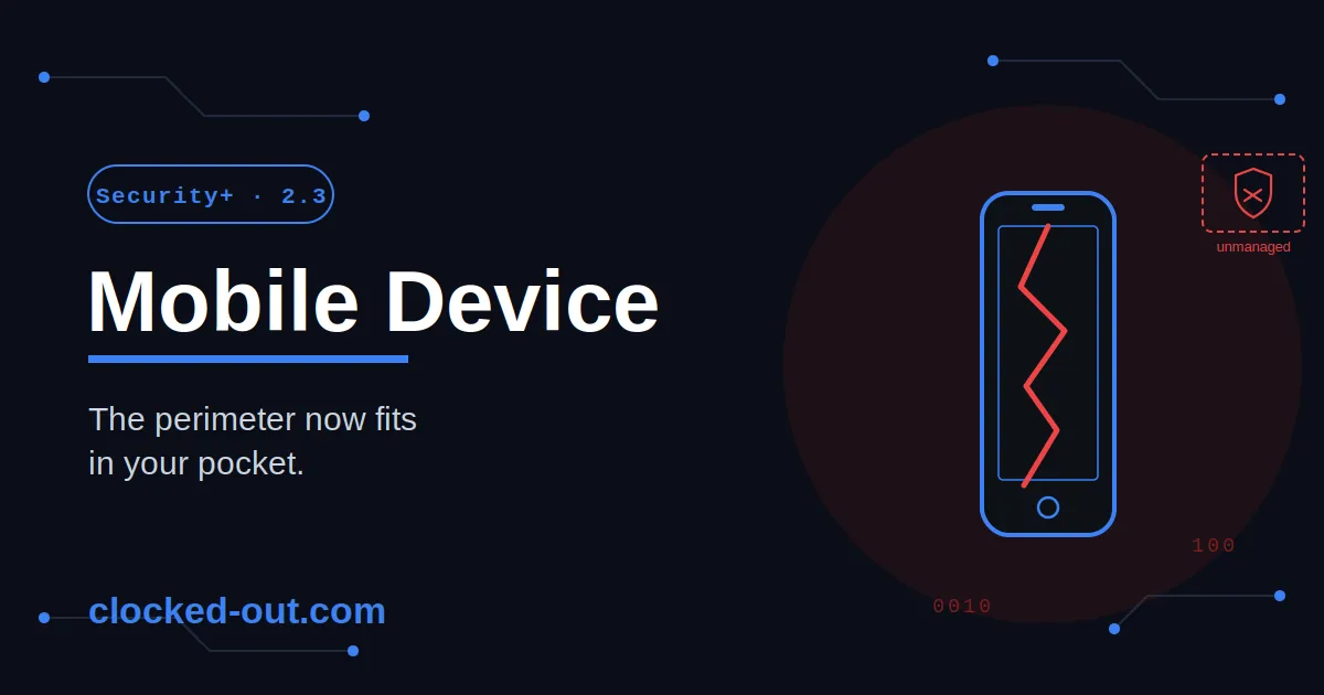 Mobile device vulnerability concept showing a smartphone exposed to OS, app, network, and physical security risks