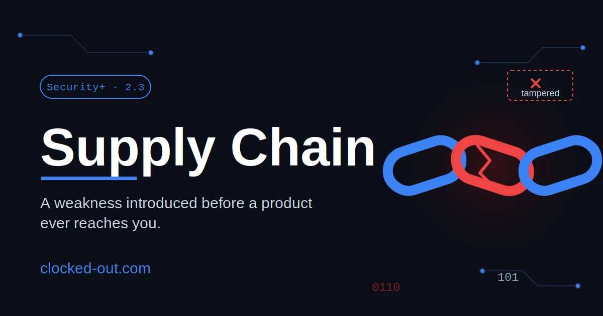 Supply chain vulnerability concept showing a compromised link in a hardware and software delivery chain