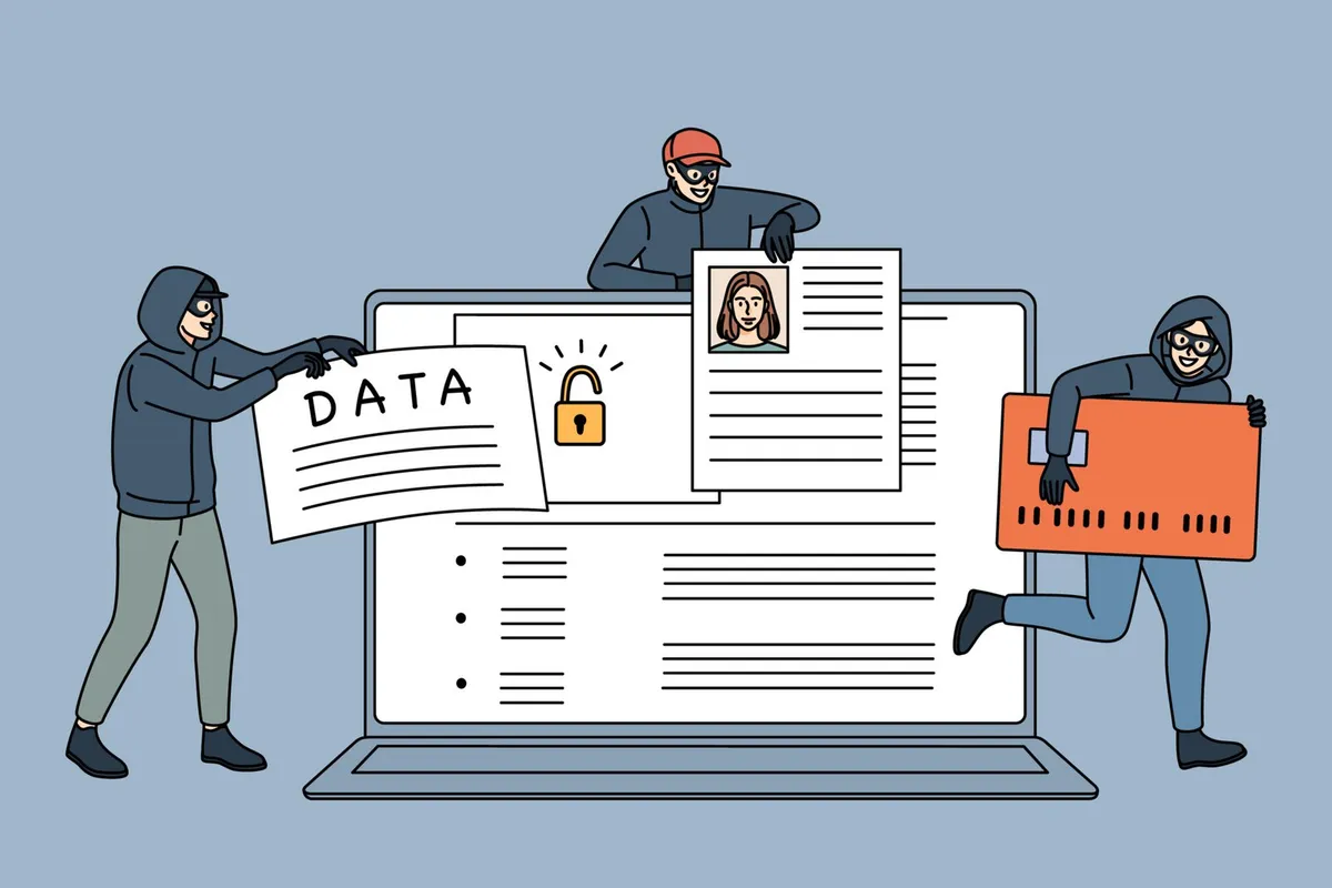 Illustration of three masked figures stealing a document labeled 'DATA,' a photo ID, and a credit card from a laptop screen showing an unlocked padlock.