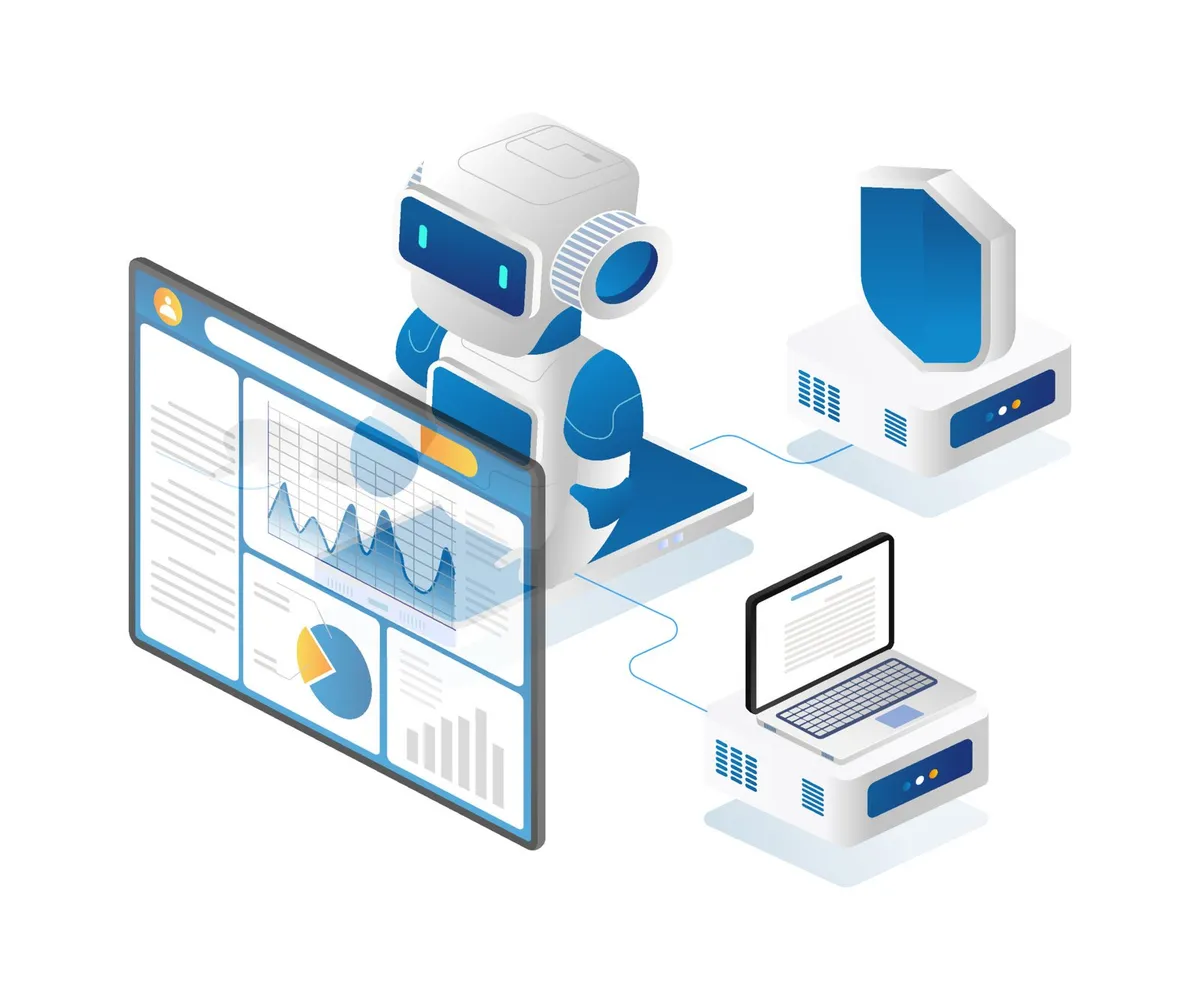 Isometric illustration of a robot analyzing a dashboard of charts and graphs, connected to a shielded server and a laptop.